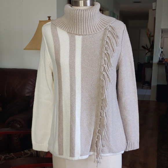 Chico's Colorblock Ivory Taupe Fringe-Trim Pullover Knit Cowl Neck Sweat… - Picture 6 of 8
